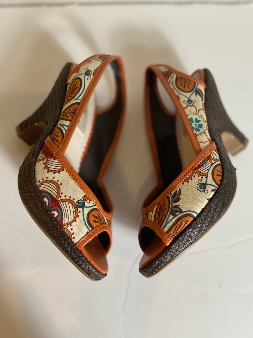 Pink Studio~Colorful Floral Pattern~Peep Toe~Slingback~Weave Wedge Heel~Size 6.5 - Picture 8 of 15